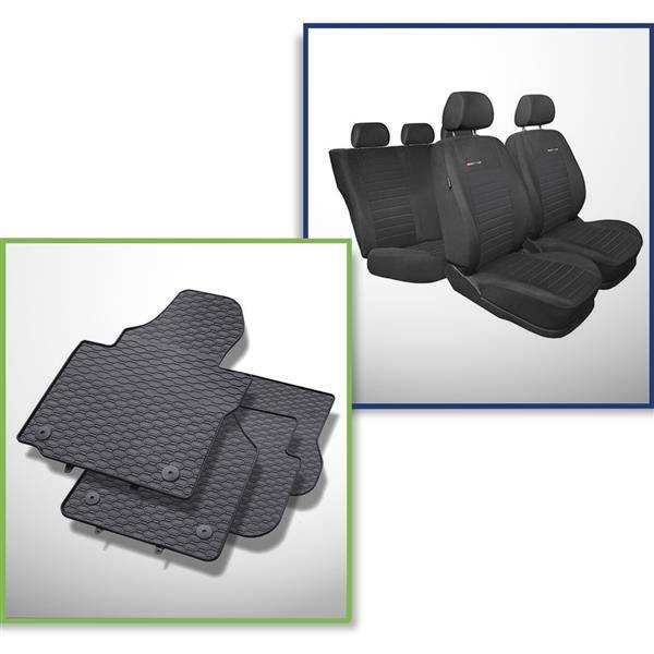 Set: Gummiteppiche + Maßgeschneiderte Sitzbezüge für Volkswagen Caddy III  Cargo (2004-2015) - Elegance - P-4 - für zwei Reihen