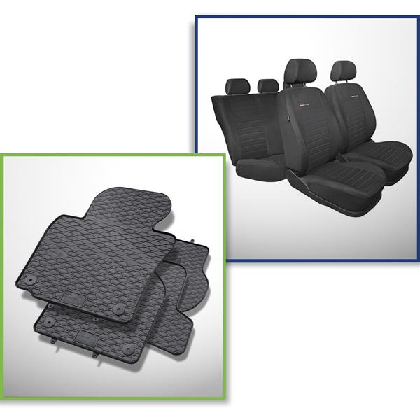 Set: Gummiteppiche + Maßgeschneiderte Sitzbezüge für Volkswagen Golf VI  Hatchback, Cabriolet, Variant (2008-2012) - Elegance - P-4 - 2. Reihe -  Lehne geteilt, Bezug für die hintere Armlehne